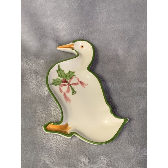 N.S. Gustin L.A. California Pottery Holly & Bow‎ Christmas Goose Dish Spoon Rest - Picture 1 of 7